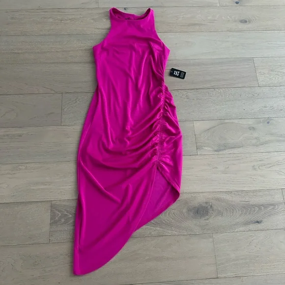 knee length dresses for ladies Hot Pink Ruched High Neck Midi Dress – AX Paris US main image 0
